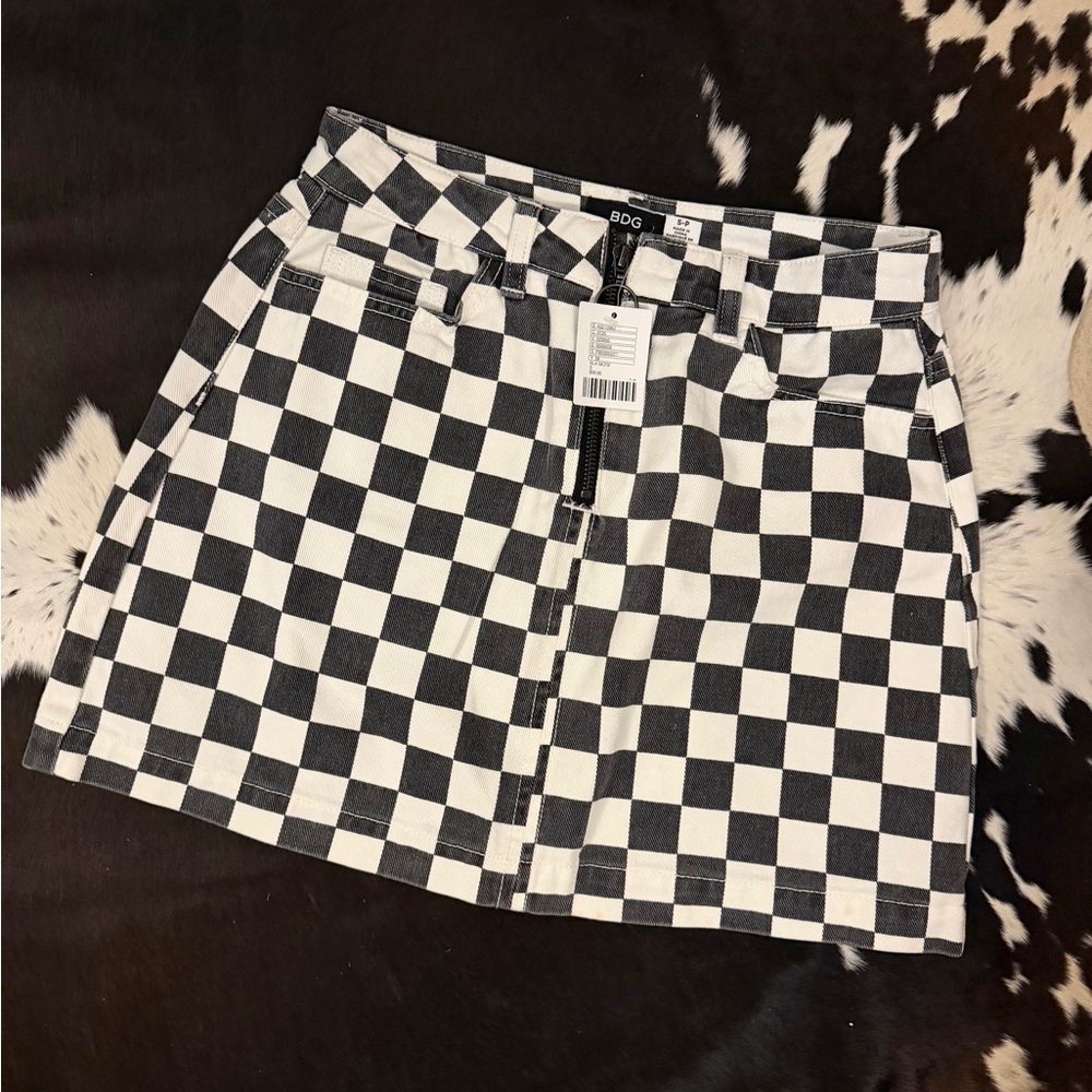 BDG Black & White Checkerboard Mini Skirt with Front Zip